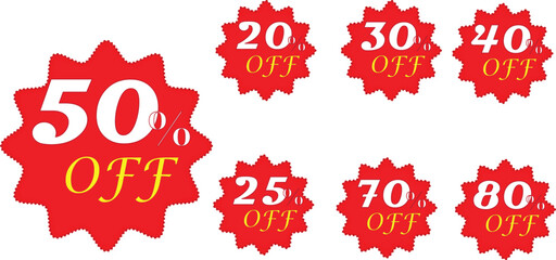Sale tag speech bubble red shape with different discount percentages. 10, 20, 30, 40, 50, 60, 70, 80 and 90 percent price clearance sticker badge banner label vector illustration isolated
