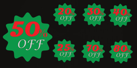 Sale tag speech bubble red shape with different discount percentages. 10, 20, 30, 40, 50, 60, 70, 80 and 90 percent price clearance sticker badge banner label vector illustration isolated
