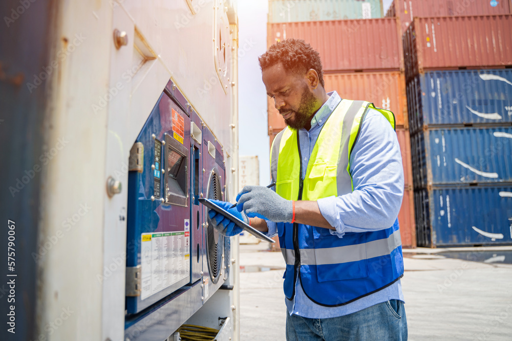 Poster Worker check list of container cargo at container depot terminal,Working inspection audit logistic transportation concept.