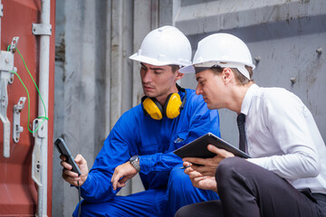 Engineer and businessman checking a quality of containers box from cargo ship for export and import,Container Shipping Logistics Engineering concept.