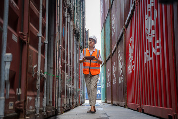 Engineer or foreman checking about shipping of container box in warehouse stock yard.
