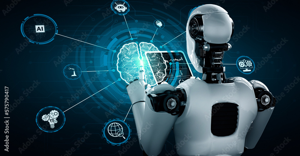 Poster robot hominoid using tablet computer in concept of ai thinking brain , artificial intelligence and m