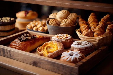  bakery interior with display counters full of scrumptious bread and pastries. Shop a patisserie or bakery with croissants, apple pies, waffles, and churros. Freshly baked pastries. Generative Ai - obrazy, fototapety, plakaty