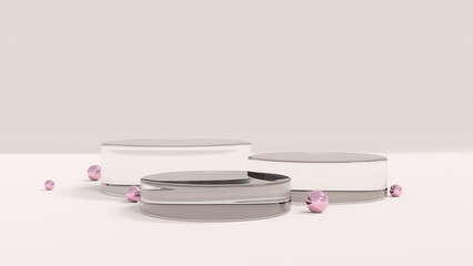 3D illustration of three levels glass podiums and metalic pink balls. Design for mockup product display.