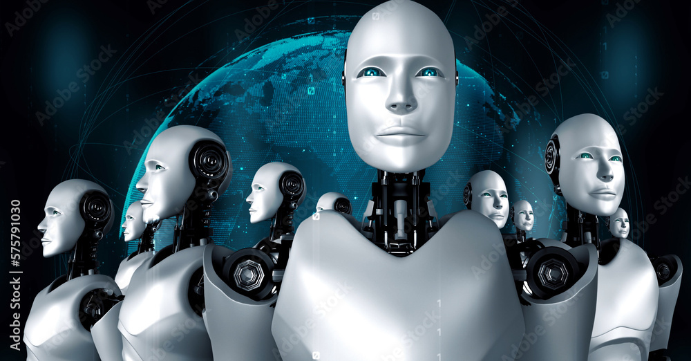 Poster 3d rendering of robot hominoid group in concept of future artificial intelligence and 4th fourth ind
