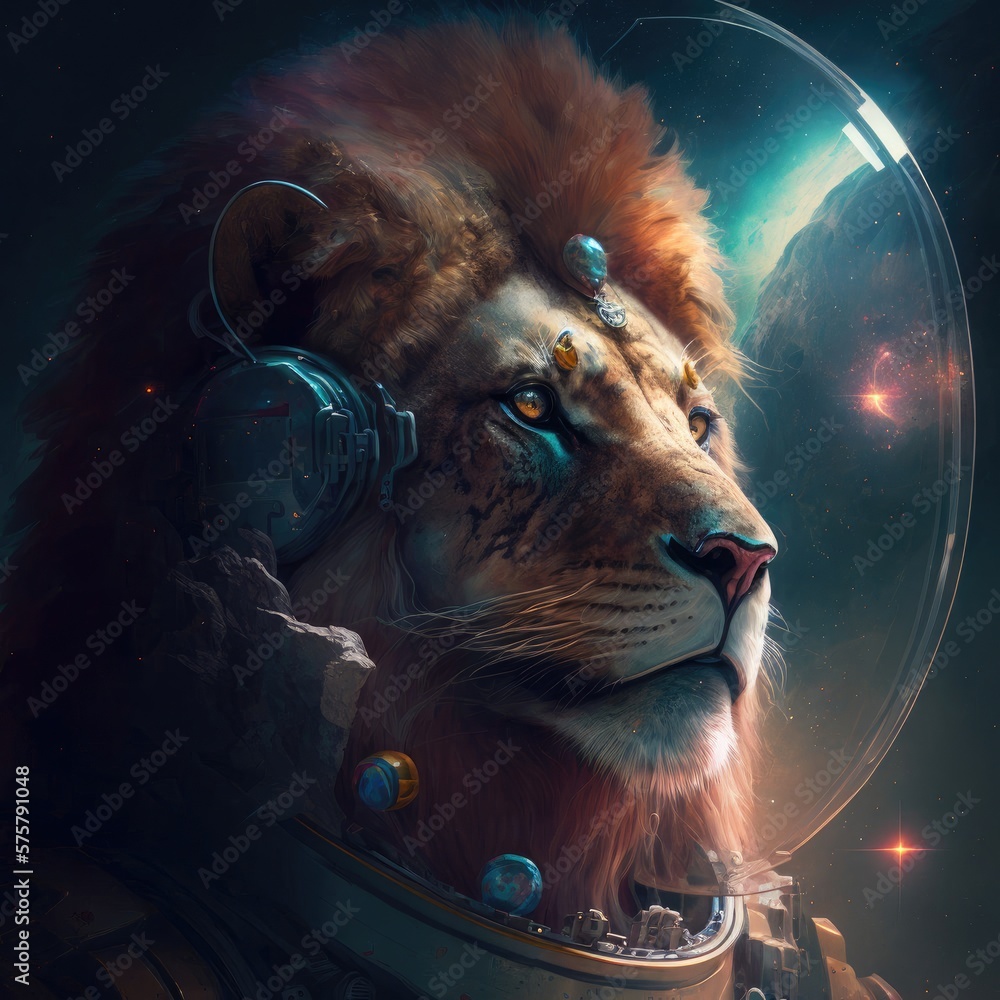 Poster lion astronaut in space exploring different worlds generative ai