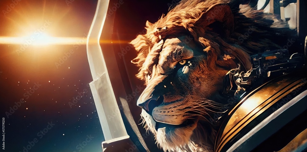Poster lion spaceman out of this world exploring new worlds generative ai