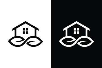 Leaf and home on black and white background. Very suitable for symbol, logo, company name, brand name, personal name, icon and many more.
