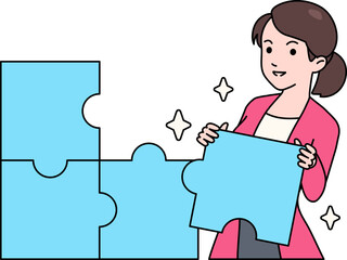 Female Entrepreneur Putting Together a Jigsaw Puzzle is Like Investing with a Partner Business Illustration Scene Concept