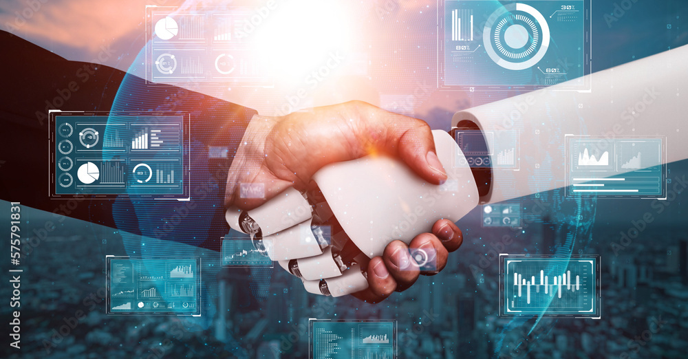 Poster 3d rendering hominoid robot handshake to collaborate future technology development by ai thinking br