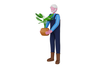 Farmer standing with house plant 3d illustration