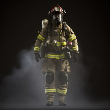 firefighter training., fireman using water and extinguisher to fighting with fire flame in an emergency, under danger situation all firemen wearing fire fighter suit for safety. Generative AI