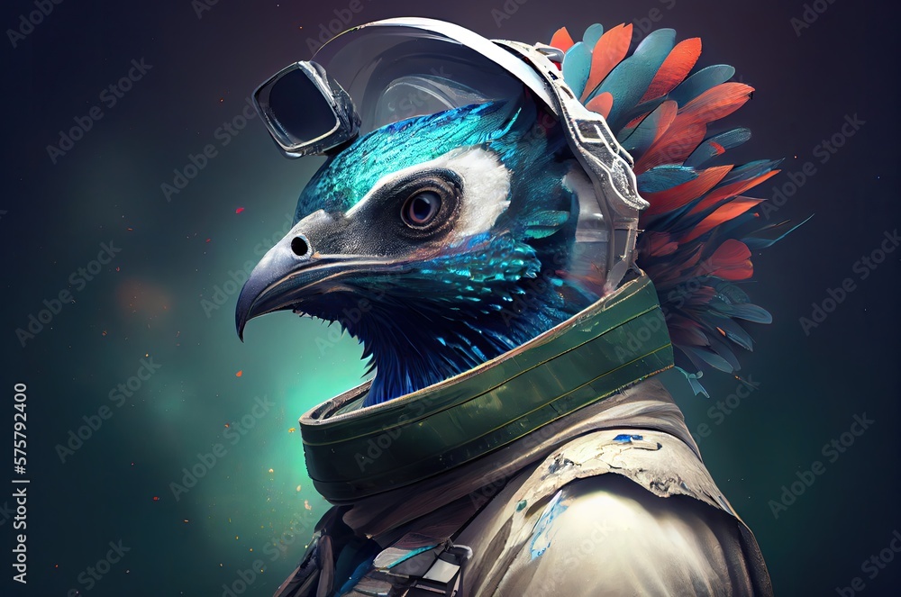 Poster peafowl astronaut in space exploring generative ai