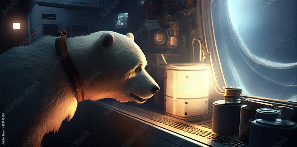 Poster polar bear spaceman in space exploring generative ai