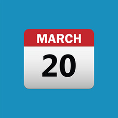 20th March calendar icon. March 20 calendar Date Month icon vector illustrator