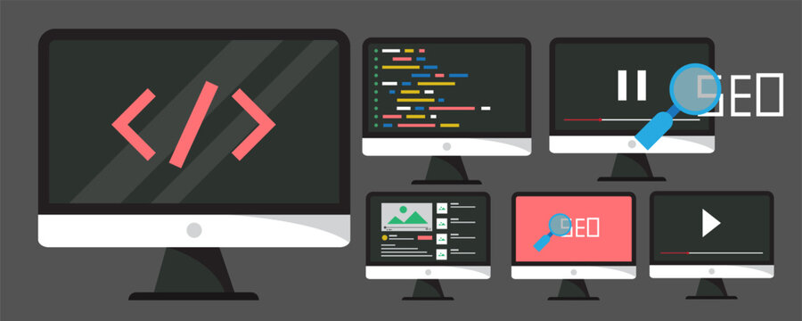 Concept of computer programming or developing software or game. Vector illustration with coding symbols and programming windows