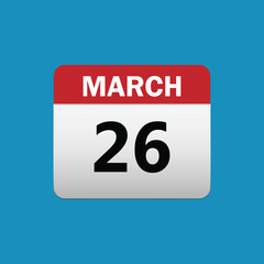 26th March calendar icon. March 26 calendar Date Month icon vector illustrator