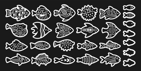 Fish with abstract tropical ornaments doodle set. Linear modern trendy exotic aquarium animal, nautical stylized cartoon illustration. Various contour ornamental freshwater, sea fishes vector element