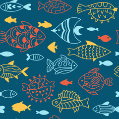 Fish abstract tropical ornaments doodle seamless pattern. Linear exotic aquarium animals, cartoon nautical boundless ornament. Endless decoration ornamental freshwater, sea fishes repeat wallpaper