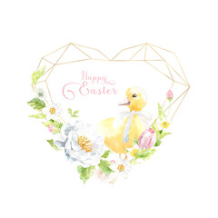 Watercolor Easter gold heart shape frame illustration. Botanical spring floral frame, wreath, chaplet, peony, rose, cute Easter duck animal clipart, baby shower, happy birthday invite, valentine