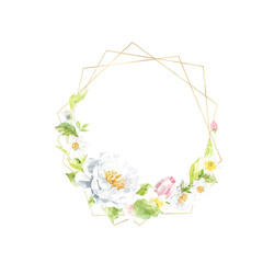 Watercolor Easter gold polygonal geometry frame illustration. Botanical spring floral frame, wreath, chaplet, peony,rose, cute Easter bunny animal clipart, baby shower, happy birthday invite