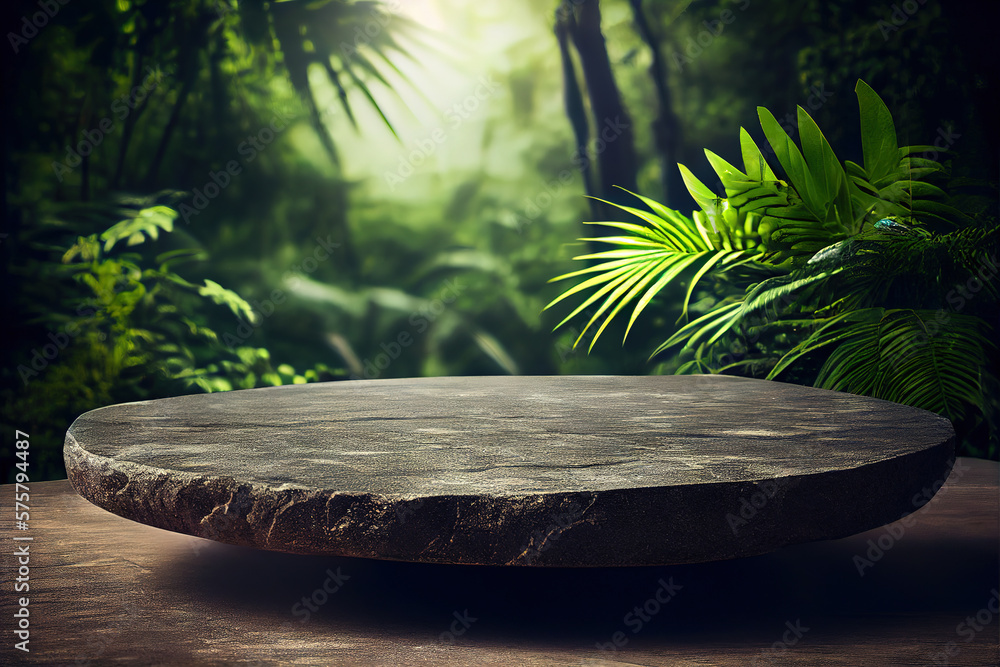 Poster empty stone table for product advertising display in fresh green jungle blur background . admirable 
