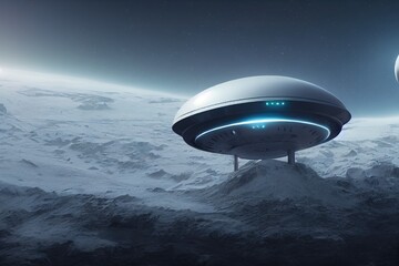 Fototapeta na wymiar UFO Space Aircraft on Ice Mountain in Antarctica Made with Generative AI