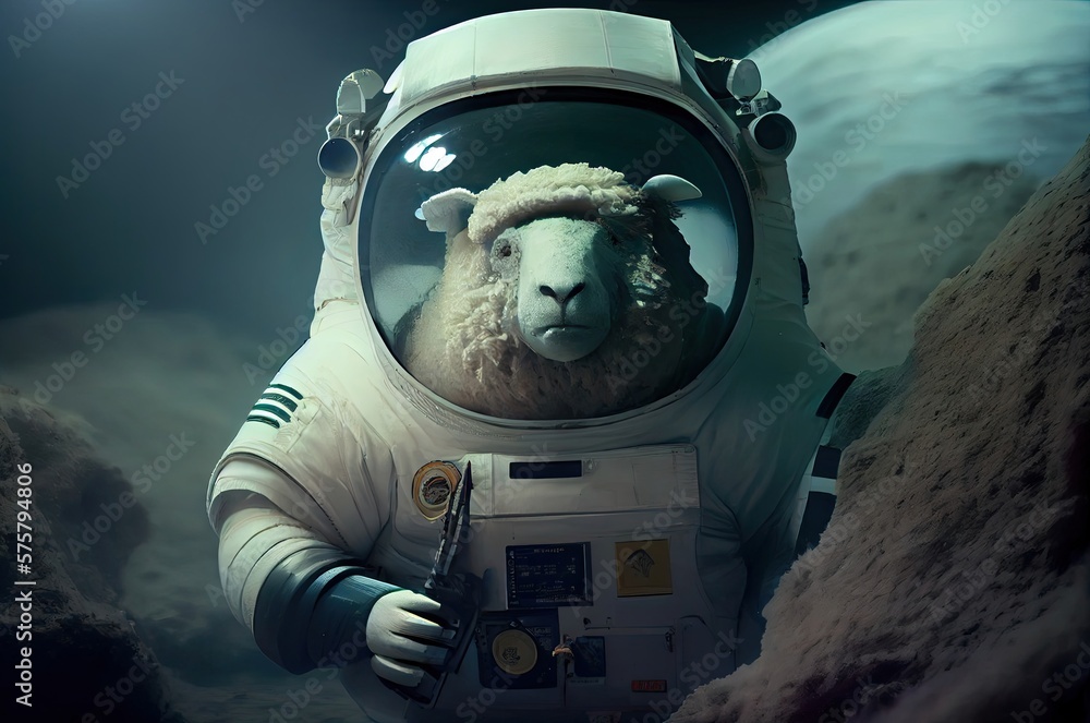 Poster sheep astronaut out of this world in a space suit generative ai