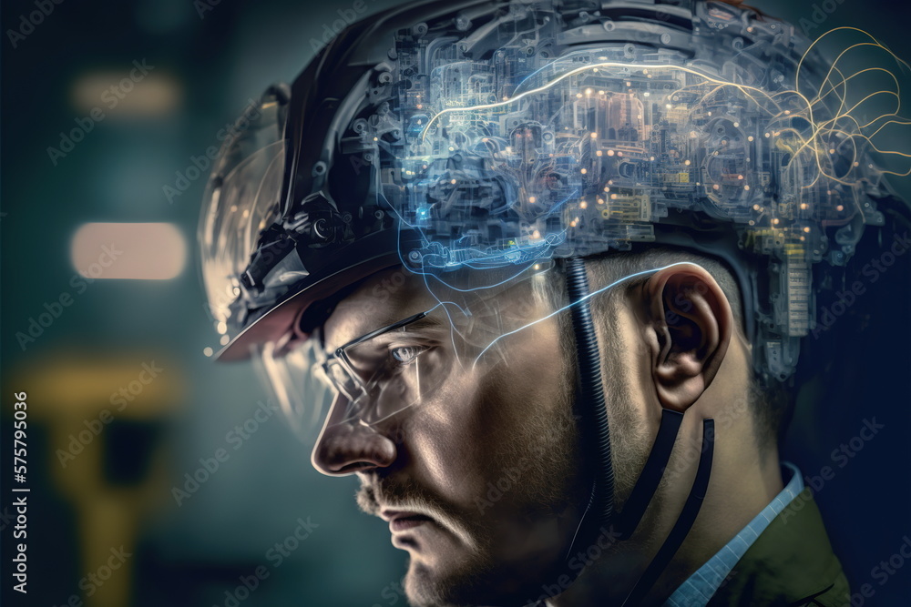 Poster electrical engineering concept design. electrician or engineer wear hardhat with double exposure eff