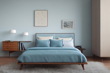 Modern Blue Bedroom with Wooden Night Stand and Photo Frames Made with Generative AI