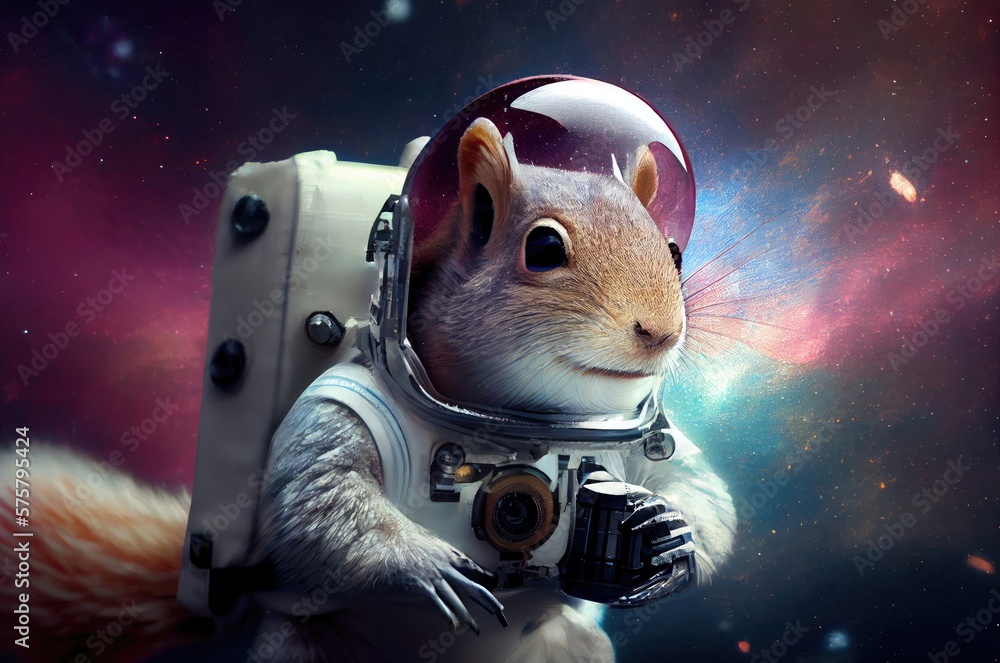 Poster squirrel astronaut out of this world in a space suit generative ai