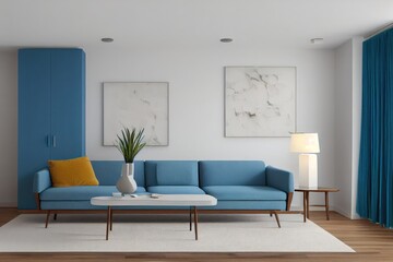 Fototapeta na wymiar Spring Styled Living Room with Blue Sofa and Wall Art Made with Generative AI