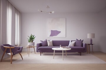 Lilac Spring Living Room Interior with Modern Purple Sofas Made with Generative