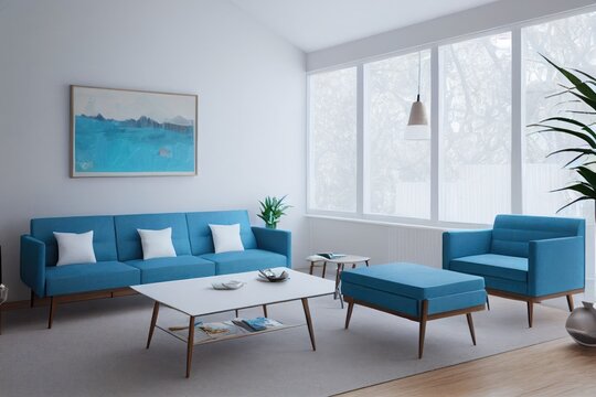 Bright White Living Room Interior with Blue Accent Furniture Made with Generative AI