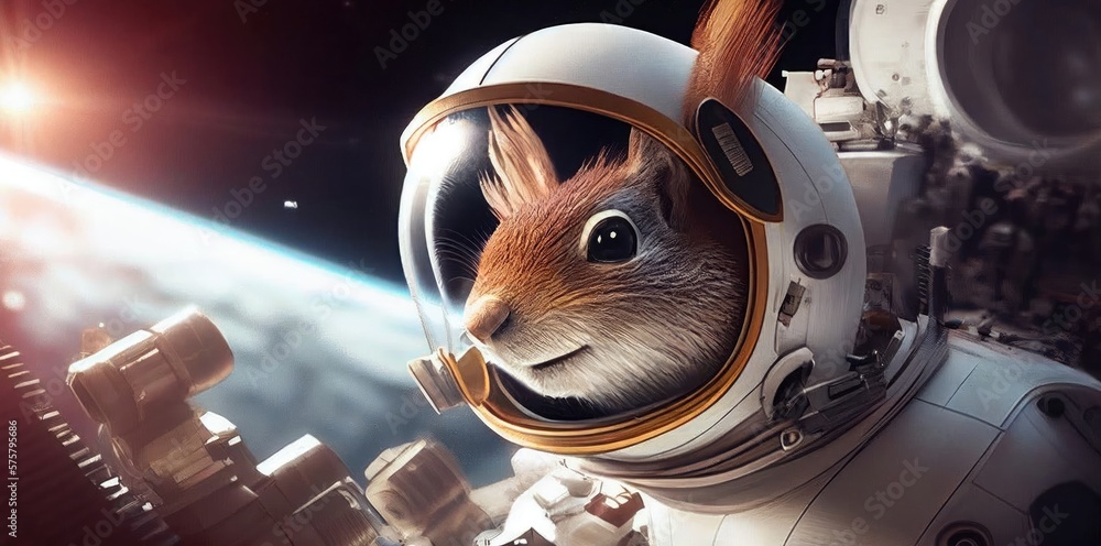 Poster squirrel spaceman out of this world in a spaceship generative ai