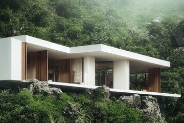 Fototapeta na wymiar White Luxury Modern Home in Jungle with Rocks Made with Generative AI