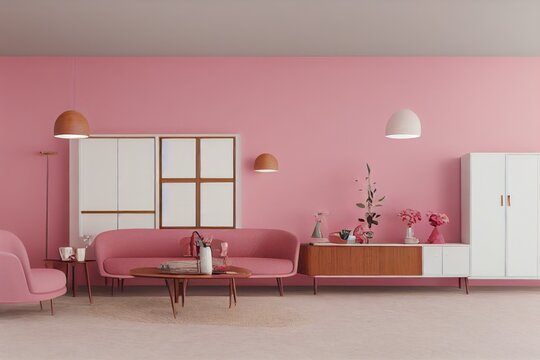 Pink Modern Studio Apartment with Blank Wall Art in Living Room Made with Generative AI