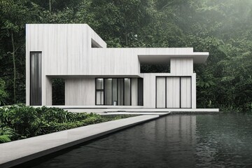 Fototapeta premium Modern Home Luxury Lifestyle in The Forest with Swimming Pool Made with Generative AI
