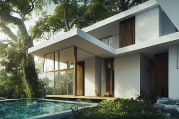 Beautiful White Modern Residential Home with Swimming Pool and Entertaining Space Made with Generative AI