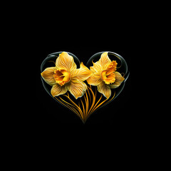 Yellow Daffodils,  heart shaped flower on black background.  Image created with generative ai. 