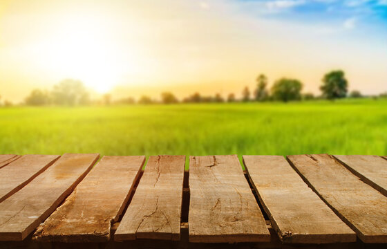 Wooden table top on blur rice field and mountain background.For place food,drink or health care business.fresh landscape and relax season concept.View of copy space.
