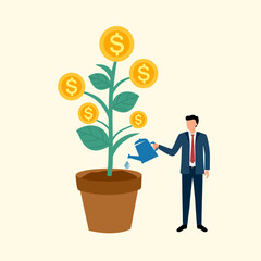 Businessman watering money plant in flat design. Growing money.