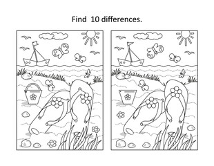 Find 10 differences visual puzzle and coloring page. Summer vacation scene with flip-flops, yacht, toy bucket at the beach
