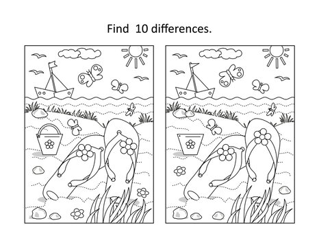 Find 10 differences visual puzzle and coloring page. Summer vacation scene with flip-flops, yacht, toy bucket at the beach
