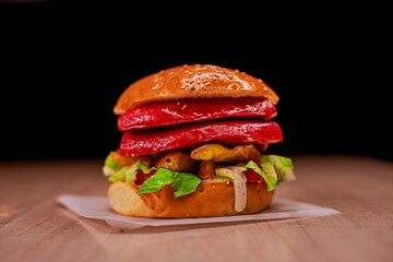 Mouth-watering burger with bacon and chorizo
