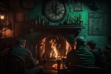 A pub with a fire place and patrons enjoying pints of beer created with Generative AI technology