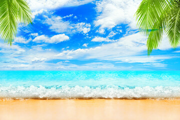 Fototapeta na wymiar Tropical island paradise beach, green coconut palm tree leaves, sand, blue sea water, turquoise ocean wave, sun sky white clouds, beautiful panorama landscape, summer holidays, vacation, travel banner
