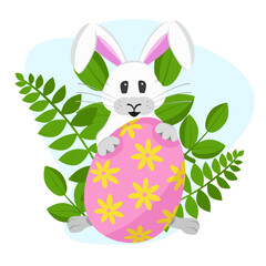 Vector illustration of a rabbit and an egg. Easter themed background. Easter has come. Happy Easter. Easter-style greeting card in pastel colors