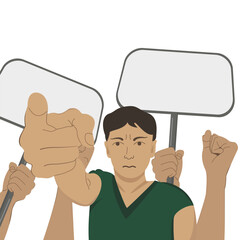 Vector illustration with protesting people. People raise their hands in protest. A crowd of people with flags and banners
