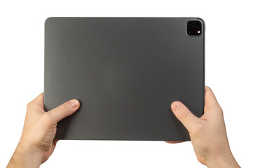 Hands hold gray tablet  back rear view